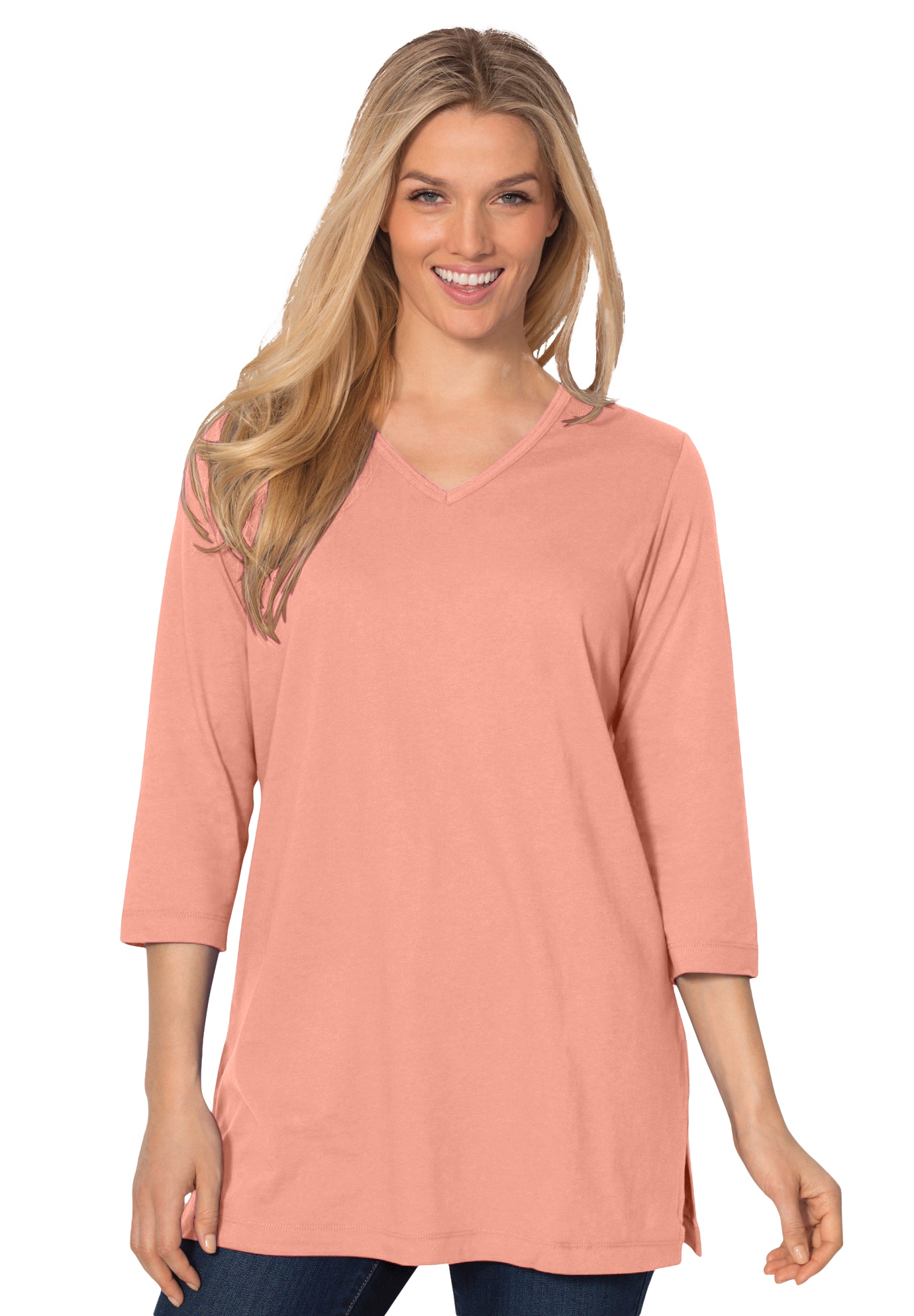 Woman Within Women's Plus Size Perfect Three-Quarter Sleeve V-Neck Tunic 