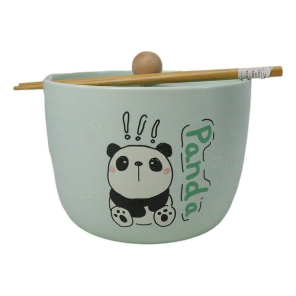 Green Curious Lucky Panda Donburi Ramen Soup Bowl With Chopsticks And Lid