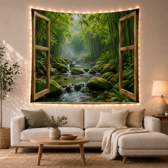 Scenic Looking Through with Open Wooden Window Hinged, Mystical Fantasy for Space Lovers, Galaxy Room Decor, Housewarming Gift, Tapestry Wall Hanging for Bedroom and Dorm