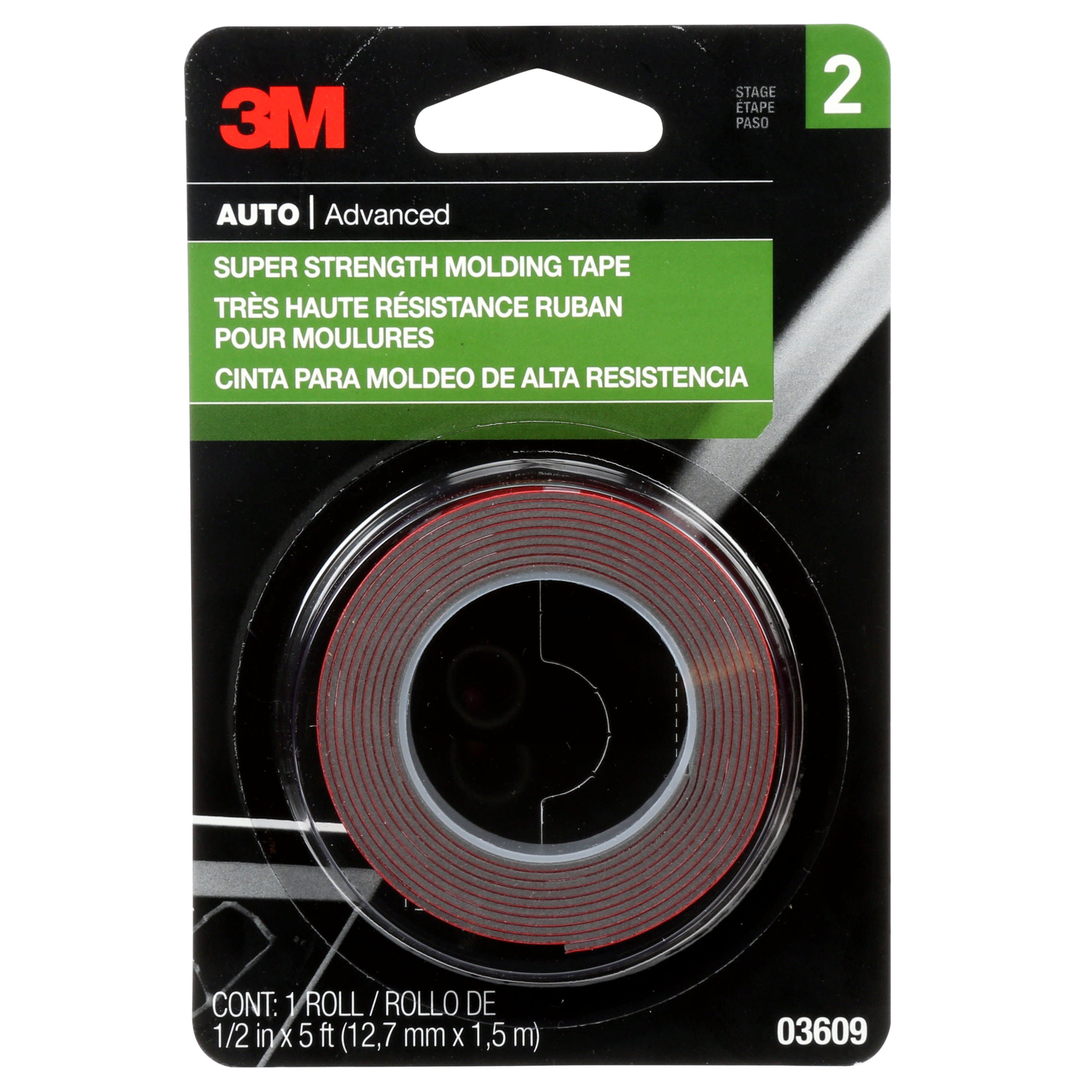 3M Automotive Super Strength Molding Tape, 03609, Elasting Bonding, 1/2" x 5 ft, 1 Roll