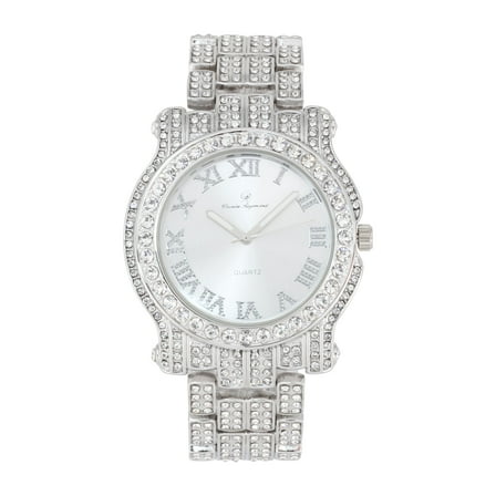 Charles Raymond Bling-ed Out Ultimate Hip Hop Royalty Mens Watch w/Easy Reader Roman Numeral or Iced Out Diamond Time Indicators - Bright Colored Dials -L0504 Shiny Silver