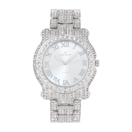 Charles Raymond Bling-ed Out Ultimate Hip Hop Royalty Mens Watch w/Easy Reader Roman Numeral or Iced Out Diamond Time Indicators - Bright Colored Dials -L0504 Shiny Silver