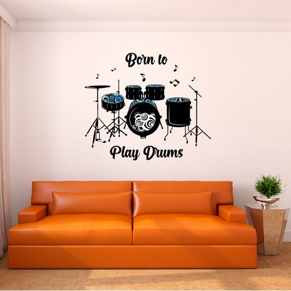 Music Wall Decal Drummer Set with Geometric Pattern and Musical Notes Bedroom Wall Decal for Children Instrument Cute Themed Room Decal - Size: 10 In x 9 In