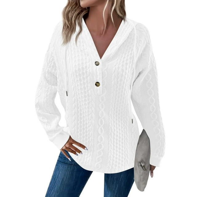 Women's 2025 Fall Fashion Oversized Button V-Neck Hoodie, Casual Drawstring Hooded Knit Sweatshirt with Cable Ribbed Design, Soft Breathable Long Sleeve Pullover for Daily Wear White S