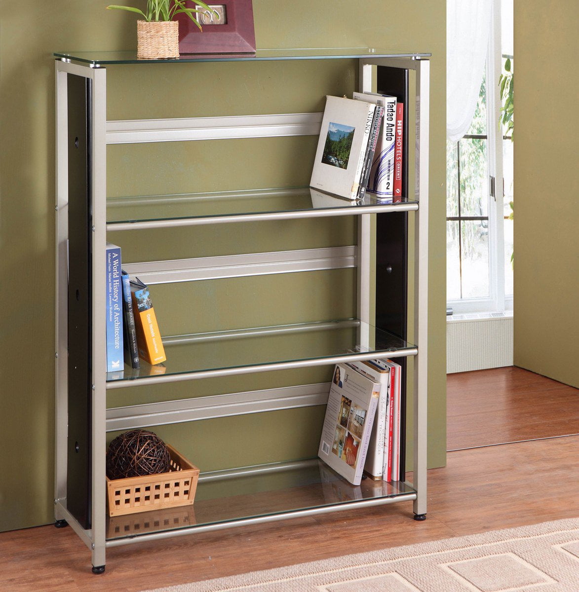 Homelegance Network 29 Inch Metal Bookcase w/ Glass Shelves