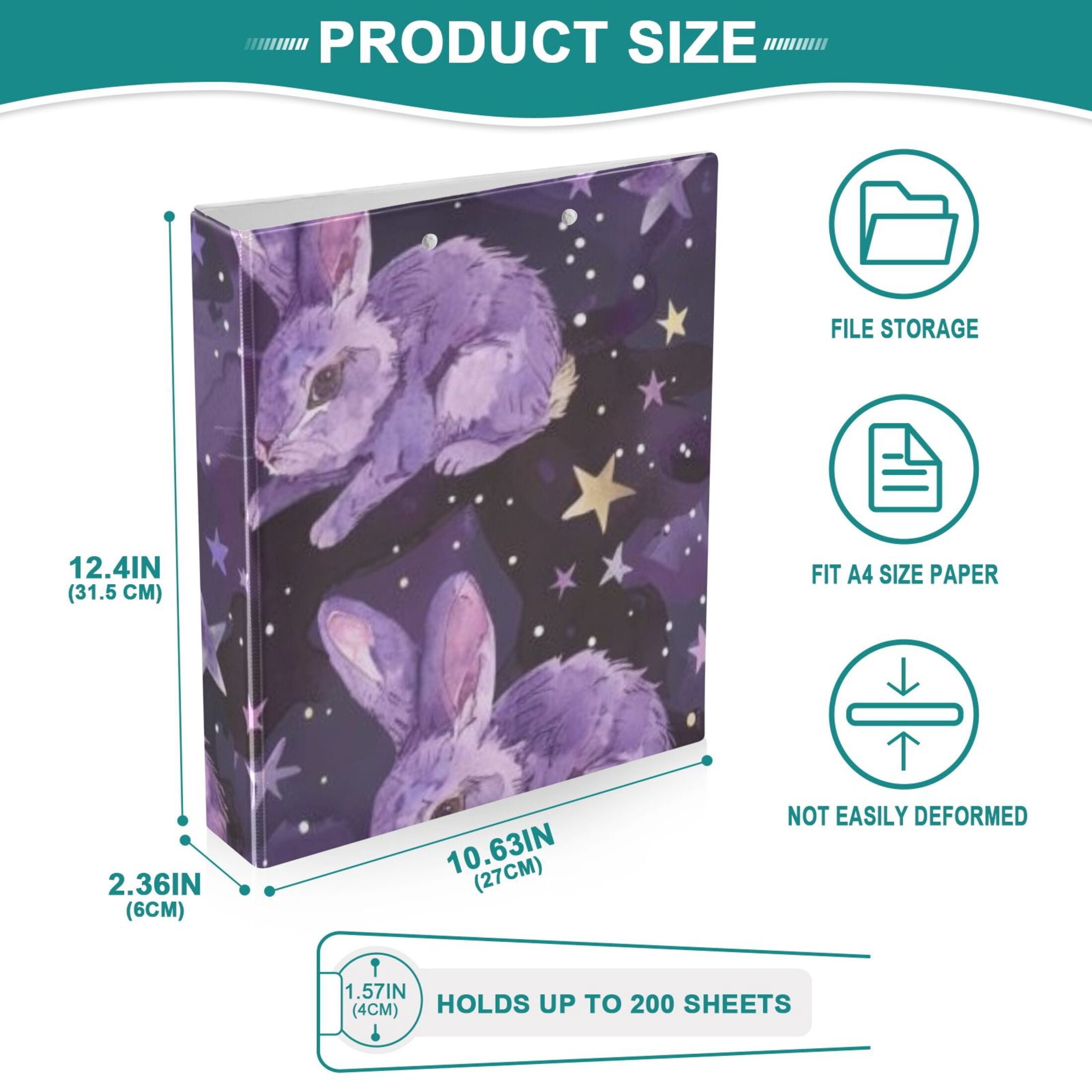 Purple Rabbits Stars 3 Ring Binders 1.5 inch Hardcover File Folders with Interior Pockets A4 Size Organizer for School Office Hospital