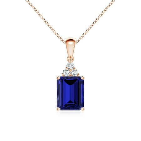 ANGARA Lab Grown 2.45 Ct Blue Sapphire Pendant with Lab Diamond Trio for Women in 14K Rose Gold (Size-9x7mm) | Anniversary Jewelry Gift for Women | Lab-Grown Blue Sapphire Necklace