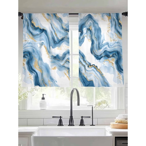 Blue Ombre Marble Sheer Curtains for Living Room Bedroom Modern Marble Abstract Aesthetic Art Sheer Curtains 45 Inch Long 2 Panels Set Light Filtering Curtain Window Treatments Drapes for Dining Room