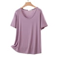 thumbnail image 5 of Plus Size Women's Solid Thin Crew Neck Short Sleeve Sleep T-Shirt, Soft Elastic Basic Layering Blouse, Casual All Season Daily Indoor Home Loungewear | TruHer,Purple 5XL, 5 of 6