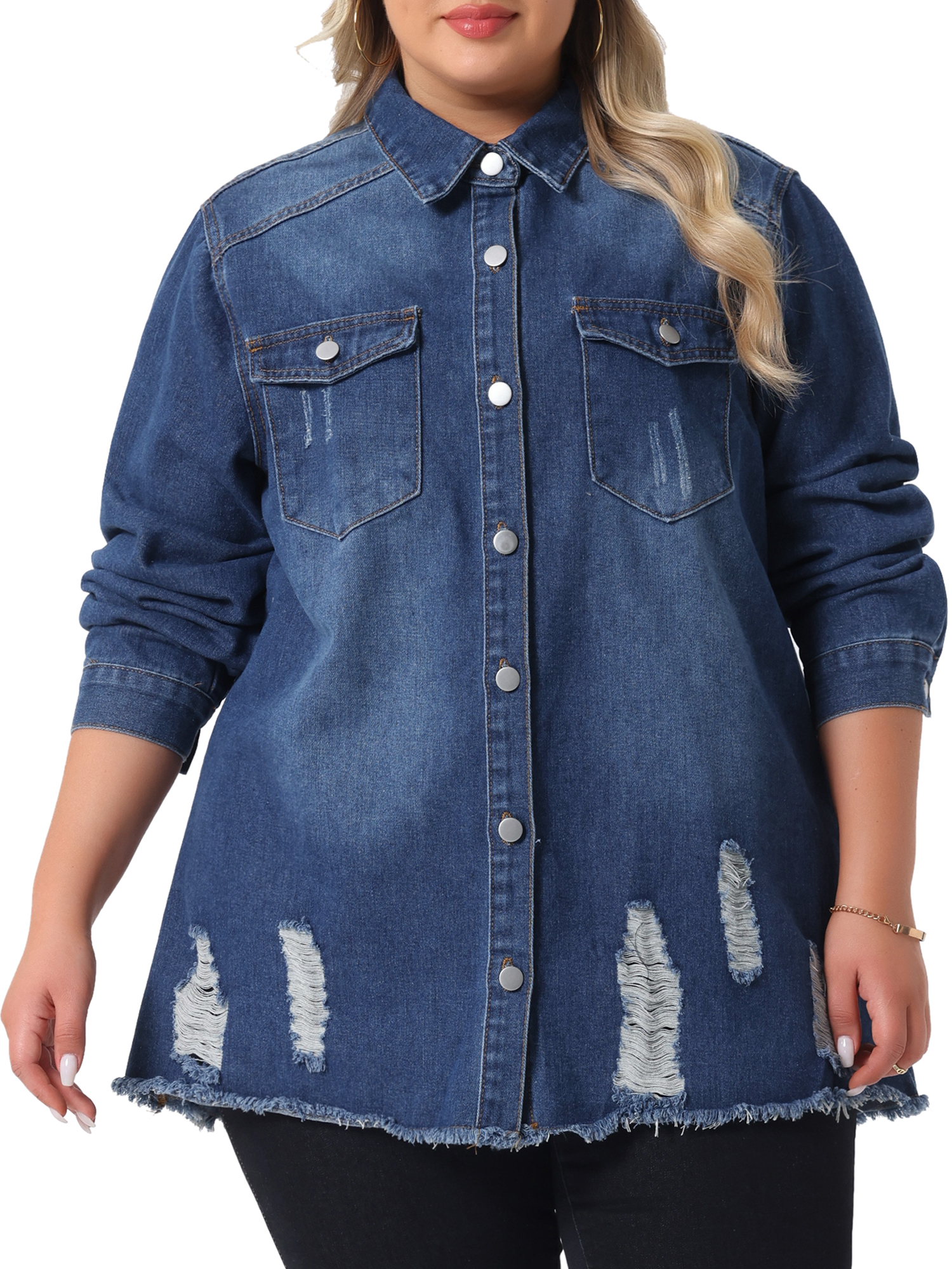 DARING DIVA Women's Plus Size Button Down Long Distressed Denim Jacket 4X Dark Blue