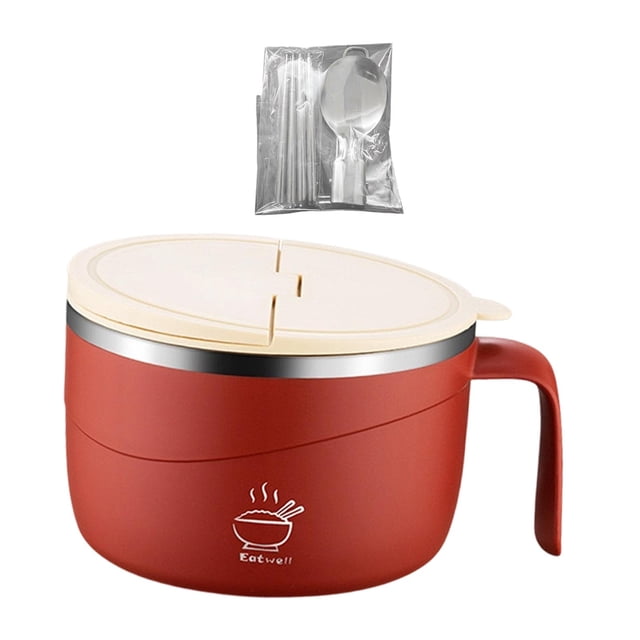 Bol de ramen con tapa, tazón de sopa y plato para servir de acero inoxidable, multifuncional. rojo