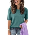 thumbnail image 7 of Short Sleeve Sweater for Women Crew Neck Lightweight Sweaters Fashion Clothing Business Casual Cyan XL, 7 of 7