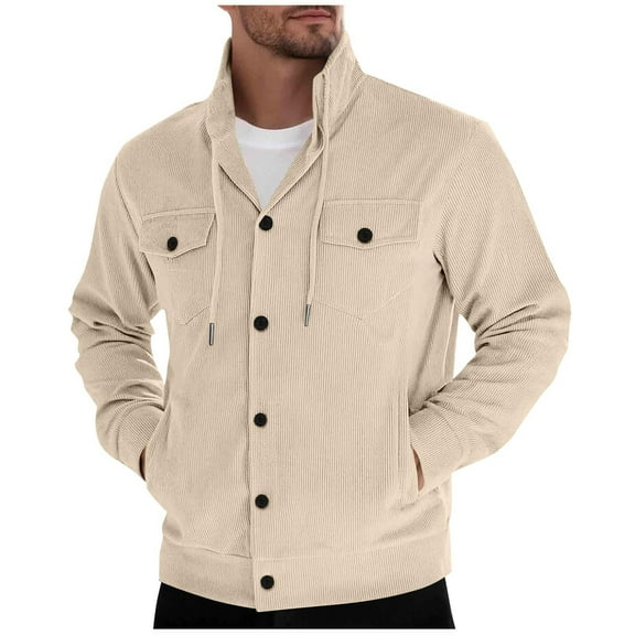 Corduroy Coat for Men Button Down Drawstring Stand Collar Casual Jackets with Pockets Fall Winter Outerwear (XL, Khaki)