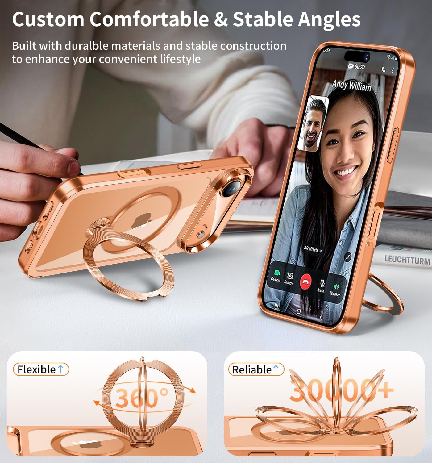 JETeacka CD Metal Ring & Invisible 360° Spin Stand Magnetic Case for iPhone 17 Air Electroplated Bumper Compatible with MagSafe Slim Clear Cover-Orange