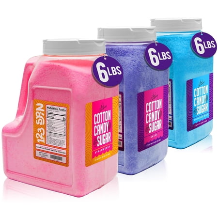 The Candery Cotton Candy Floss Sugar 6lbs 96oz jars- 3 Pack Strawberry, Raspberry Blue and Grape Easy Pour Easy Grip Reusable Jars