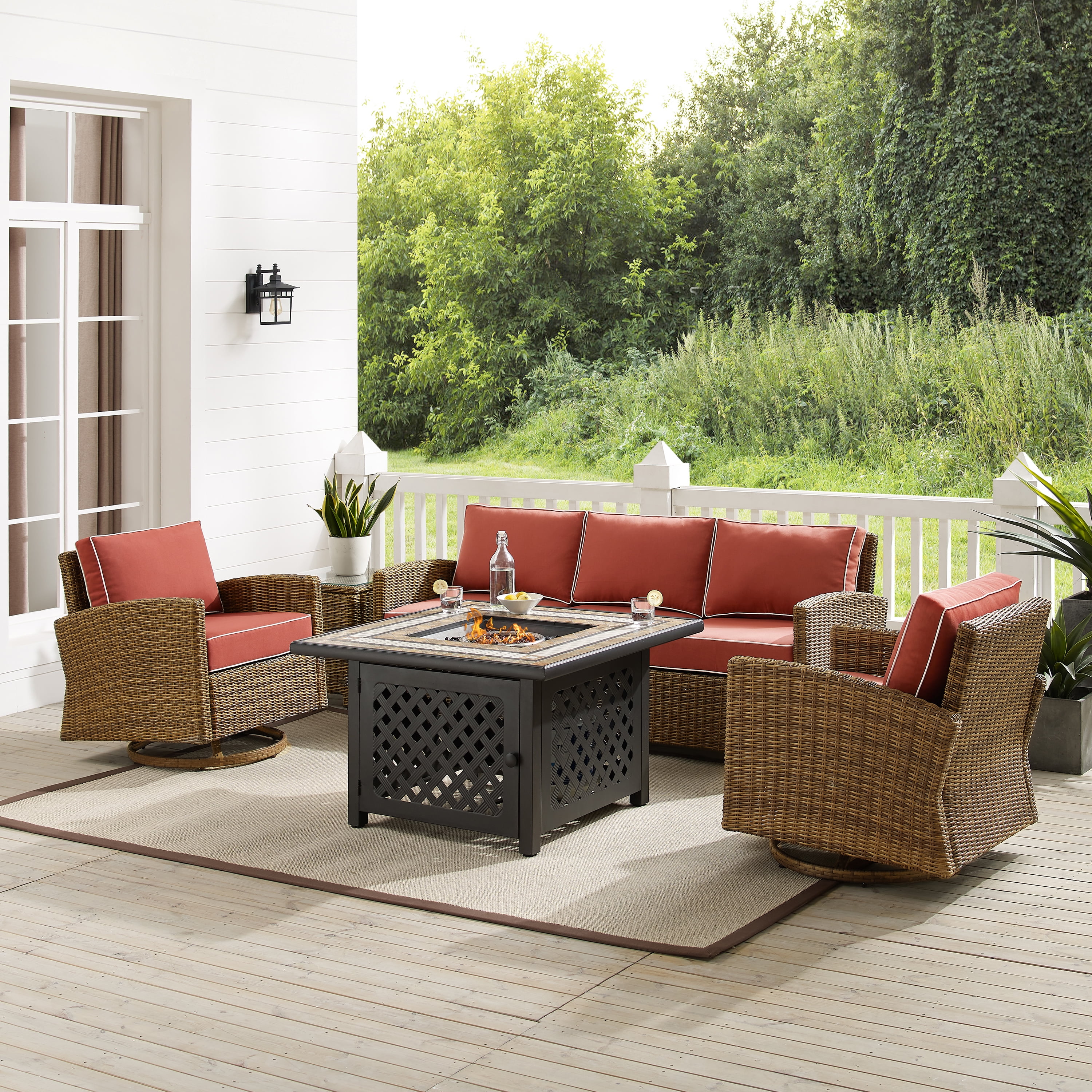 Bradenton 5Pc Swivel Rocker And Sofa Set W/Fire Table Sangria/Weathered