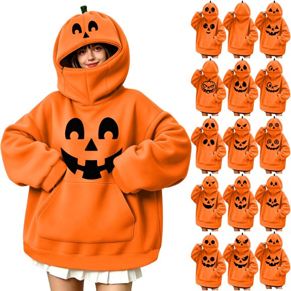 Ichuanyi Halloween Hoodies Women Oversized Pumpkin Sweatshirts Tops with Pockets Cute Spooky Pumpkin Ghost Pullover Tops,Halloween Fall Long Sleeve Tops