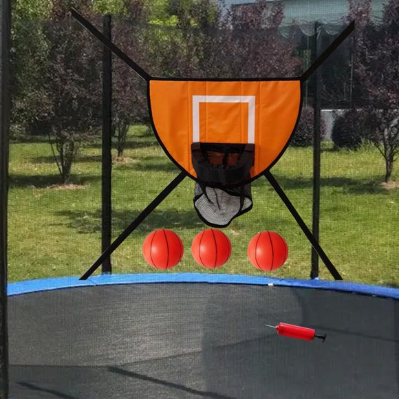 Aro de baloncesto para trampolín, tablero ligero con cuerdas de conexión, accesorio universal para trampolín para todas las edades, color naranja con tres bolas