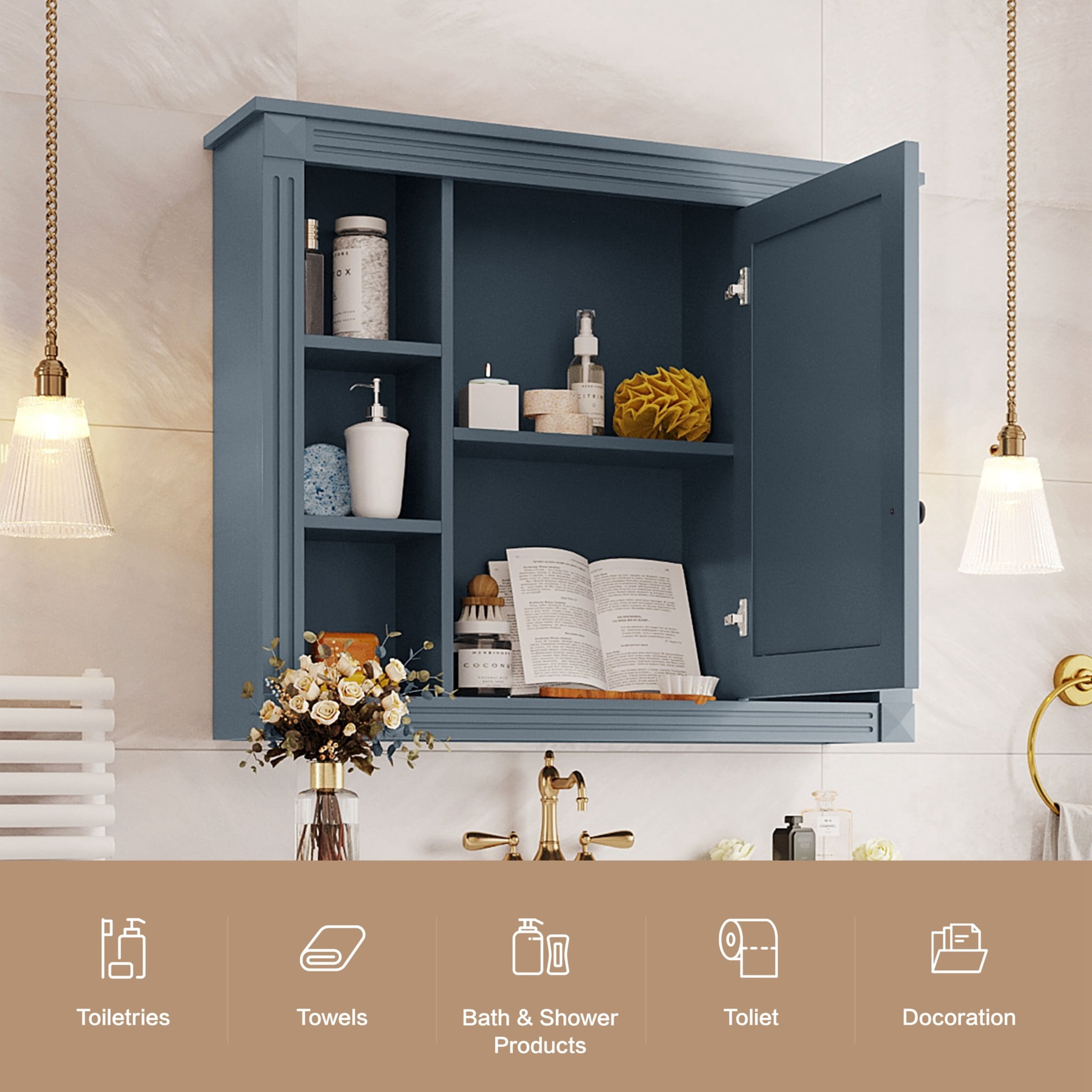 Noble House Wall Mounted Bathroom Mirror Cabinet with Open Shelves, Medicine Storage Cabinet, Blue