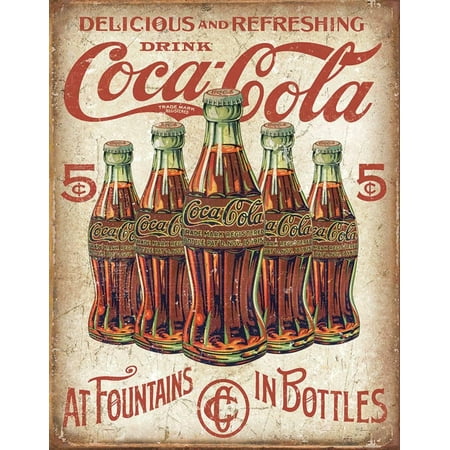 Coca Cola Sign - COKE - 5 Bottles Retro Tin Sign - 12.5x16