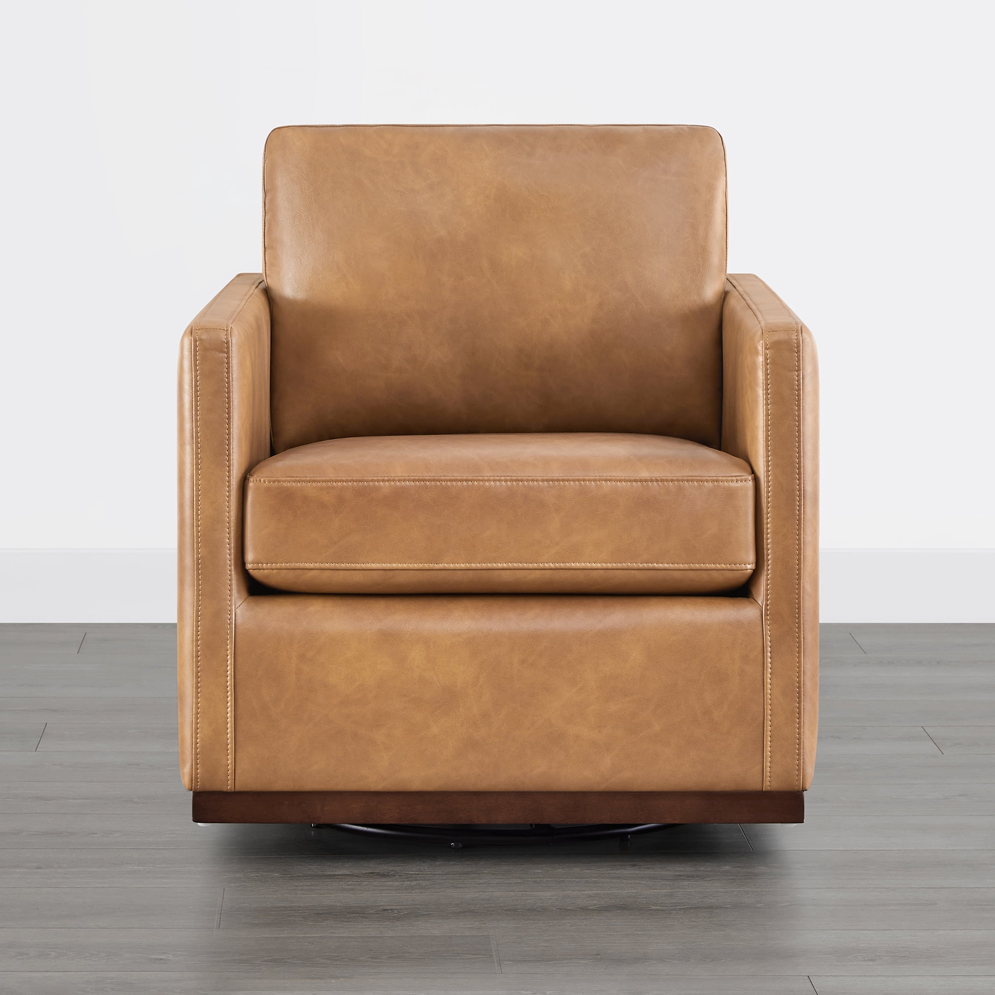 Spruce & Spring Modern Swivel Accent Arm Chair with Plush Cushions and Wooden Base, Single, Cognac Brown-Faux Leather