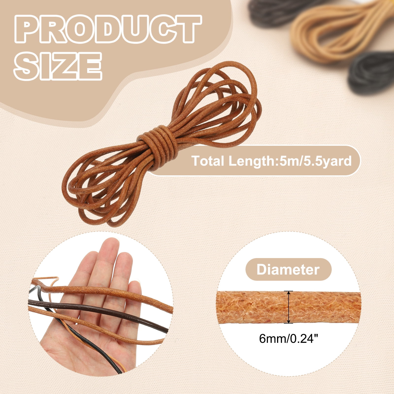 Uxcell Round Leather Cord, 6mm x 5.5 Yards Full-Grain Leather String Rope for Jewelry Beads Making Necklace Bracelet DIY Handmade Crafts, Light Brown