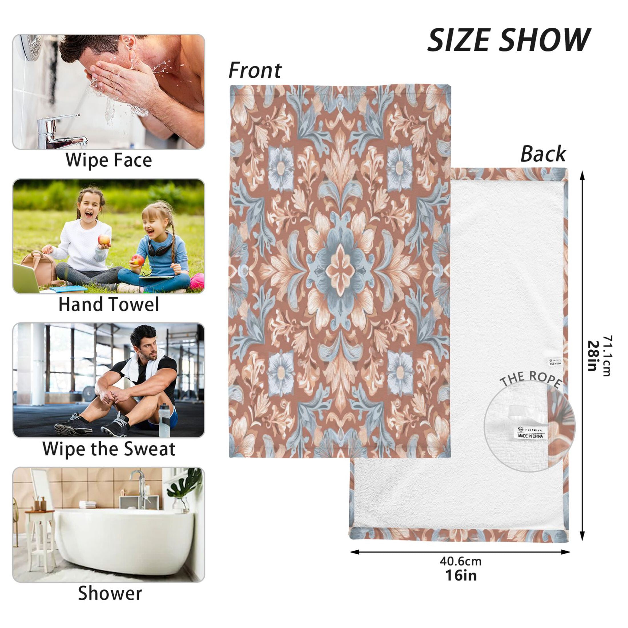 2 Pieces of Cotton Towel Face Towel Set Hand Towel Bath Towel Cotton Bath Towel Sets Terracotta Tile Ornate Details