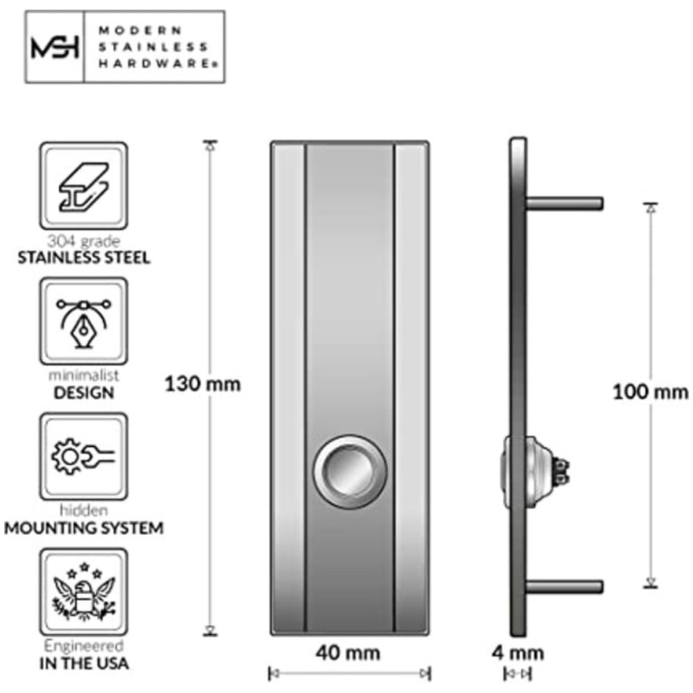 MSH Modern Stainless Hardware Model R3 Stainless Steel Doorbell Button in 304 Stainless Steel 1.57” x 5.11” x 5/32” (4mm Thick)