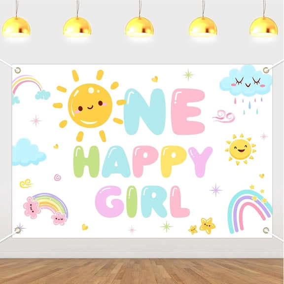 6x4FT One Happy Girl 1st Birthday Backdrop Colorful Onederful Sun Rainbow First Birthday Photography Background One Year Old Birthday Party Decorations Banner Supplies Photo Booth Props