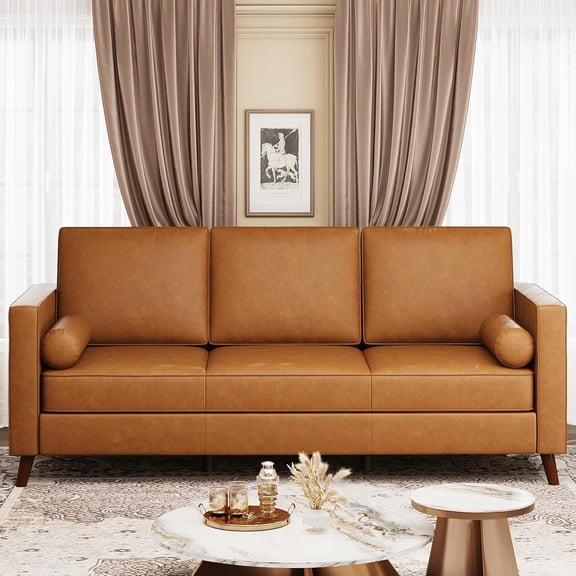 86" Faux Leather Sofa, Mid Century Modern Deep Seat Couch, Leather Couch with Upholstered Cushion&Removable Cover, 3 Seat Sofa for Living Room, Office, Cognac Tan