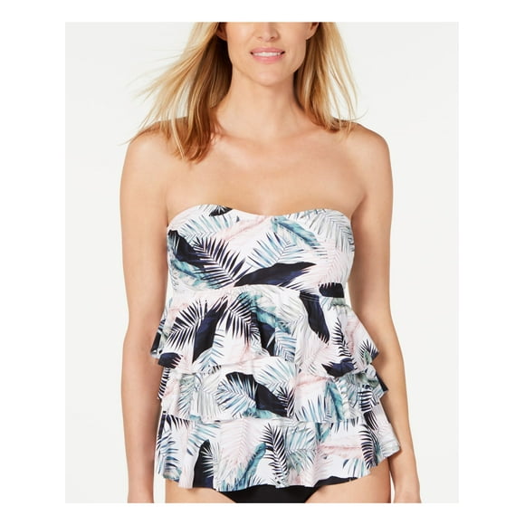 ISLAND ESCAPE Women's Black Tropical Print Stretch Bandeau Removable Cups Tiered Convertible Costa Rica Tankini Swimsuit Top 6