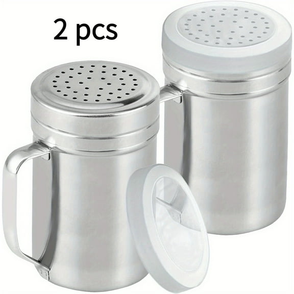 SUGARMOM Stainless Steel Salt and Pepper Shakers Set with Handles 10oz - Durable Seasoning Dispensers with Perforated Lids 2pcs Kitchen Essentials