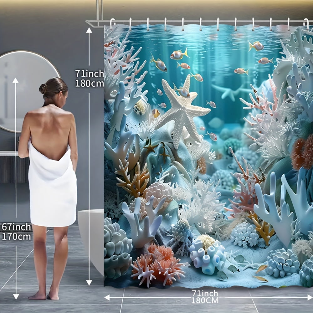 4pcs Ocean Style Shell Starfish Shower Curtain Set Bathroom Set Waterproof Shower Curtains Non-Slip Floor Mat Toilet Seat Cover, Bath Mat and 12 Plastic Hooks Bathroom Accessories Home Decor