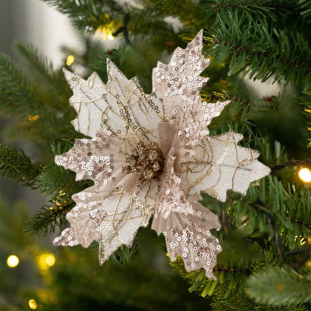 Flores para árbol de Navidad en color champán, burdeos y dorado | Palitos florales decorativos de tela 3D hechos a mano para decoración de bodas, fiestas y hogar