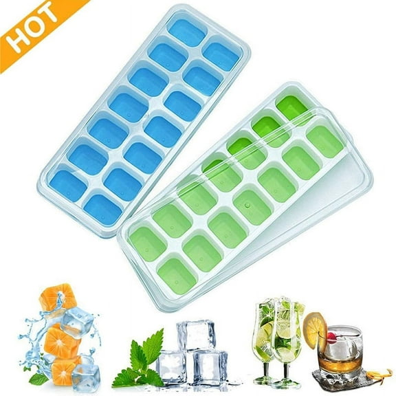 2 Pack Silicone Ice Cube Trays with Lid - Flexible 28-Ice Cubes Molds Easy Release Ice Trays with Spill-Resistant Removable Cover, Dishwasher Safe and Stackable Durable (Blue&Green)