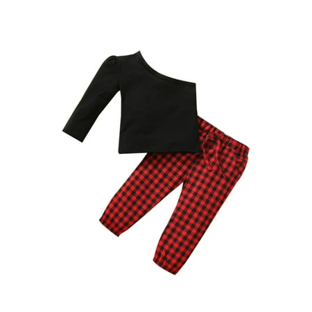 

Sunisery Toddler Baby Girl Fall Clothes Long Sleeve One Shoulder Tops+Plaids Pants 2 Pcs Outfits Red Plaids 12-18 Months