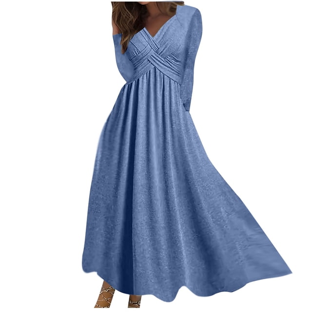 Robe Longue Décontractée Automne Hiver à Manches Longues Col en V Couleur Unie