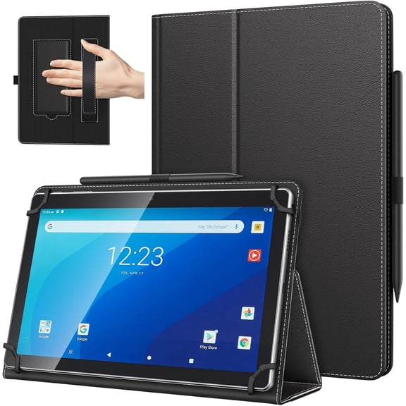 Universal Case for 10.1 Inch Android Tablet with Pen Loop Lightweight Folding Stand Cover with Hand Strap for All 9.6"-11" Touchscreen Tablet Black