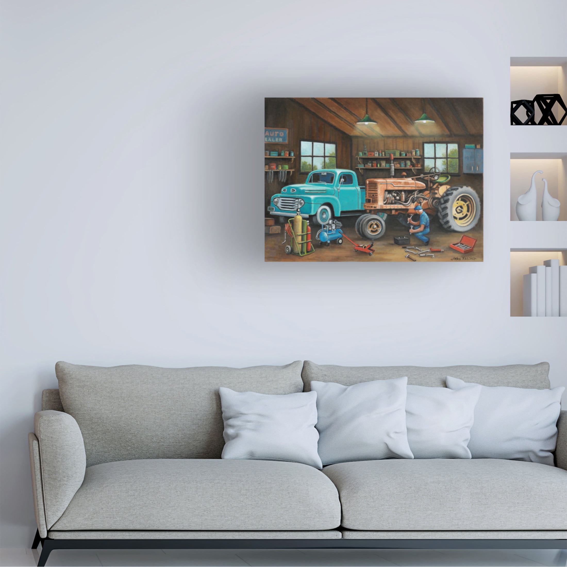 Canvas Wall Art - John Zaccheo 'Grandpas Garage' Wall Art for Living Room, Bedroom, or Office Décor by Trademark Fine Art - 32 x 24 Inches