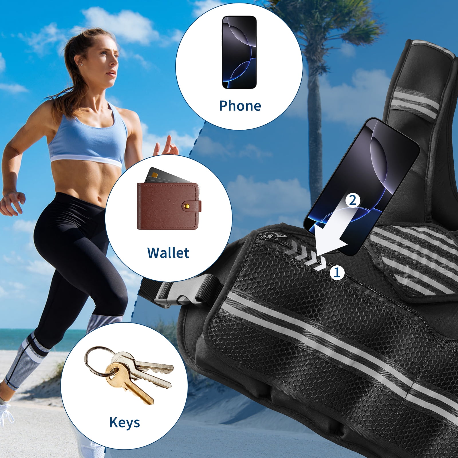 Adjustable Weighted Vest with Reflective Stripe and Mesh Pocket, Workout Gear for Women, Men, Walking, Weight Loss, Training, Running