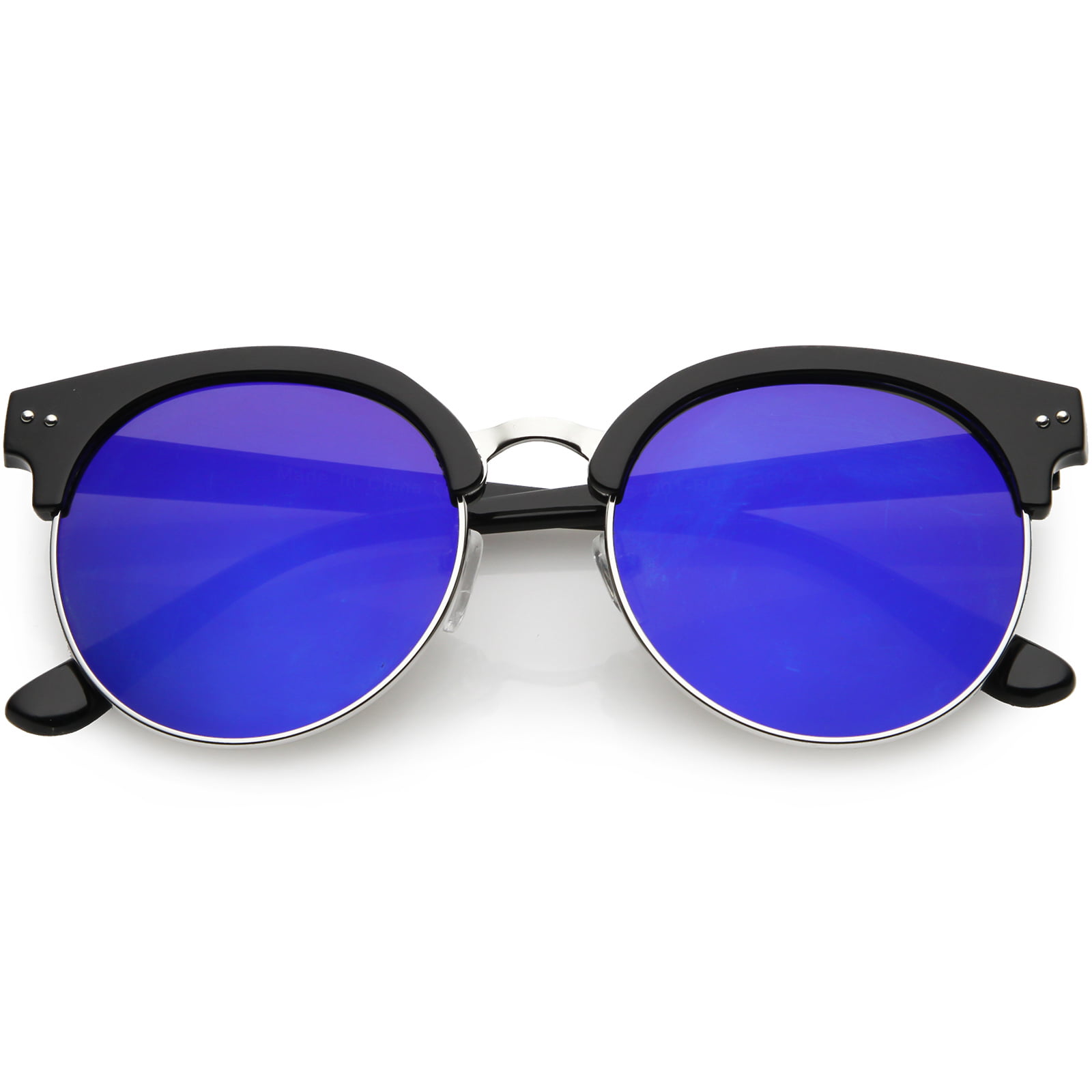 Horn Rimmed Semi Rimless Round Sunglasses Flat Lens 55mm (Black / Blue ...