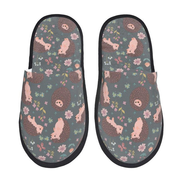 Balery Hedgehogs and Flowers1 Pantuflas de Casa de Felpa Silenciosas con Diseño Estampado, Zapatillas Cómodas Antideslizantes de Algodón para Interior-Medium