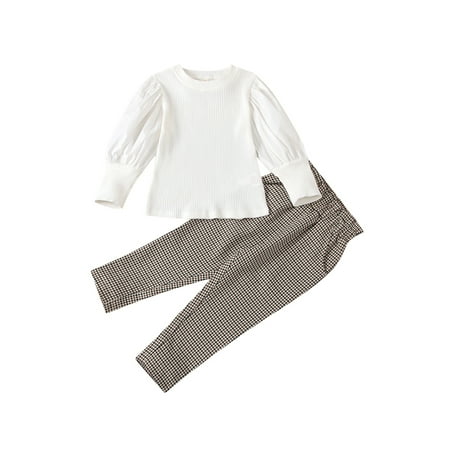 

Pudcoco Kid Autumn Sets Long Lantern Sleeve Rib Knit Tops Houndstooth Pants