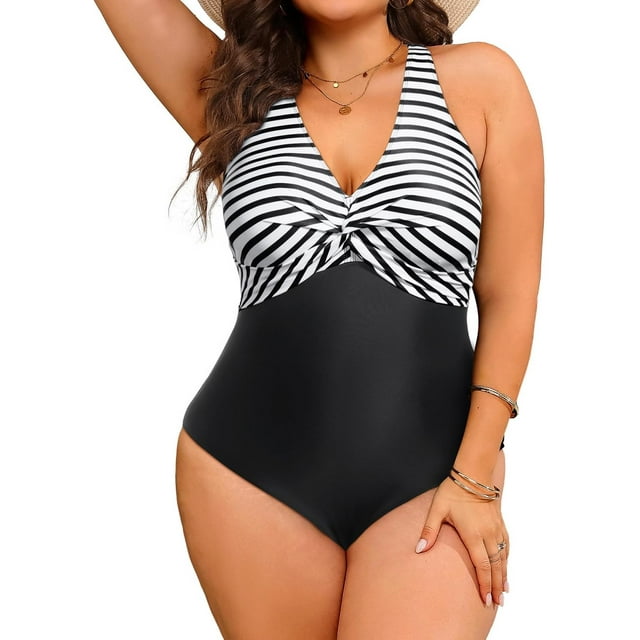 GFDYREE Women Plus Size One Piece Swimsuits V Neck Tummy Control Bathing Suits Front Cross Swimwear