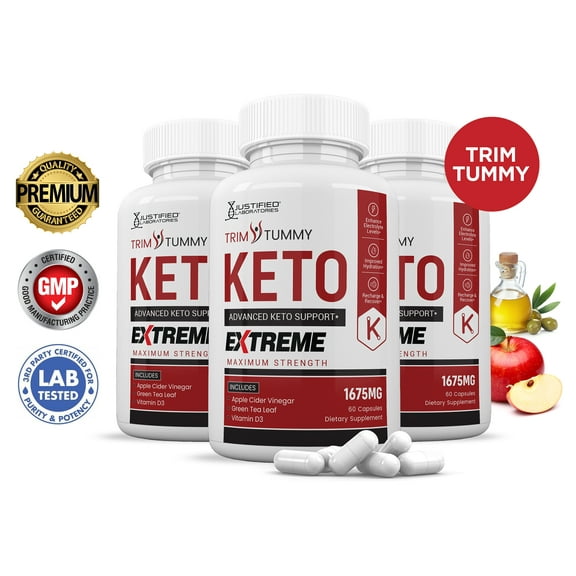 (3 Pack) Trim Tummy Keto ACV Extreme Pills 1675mg Alternative to Gummies Dietary Supplement 180 Capsules