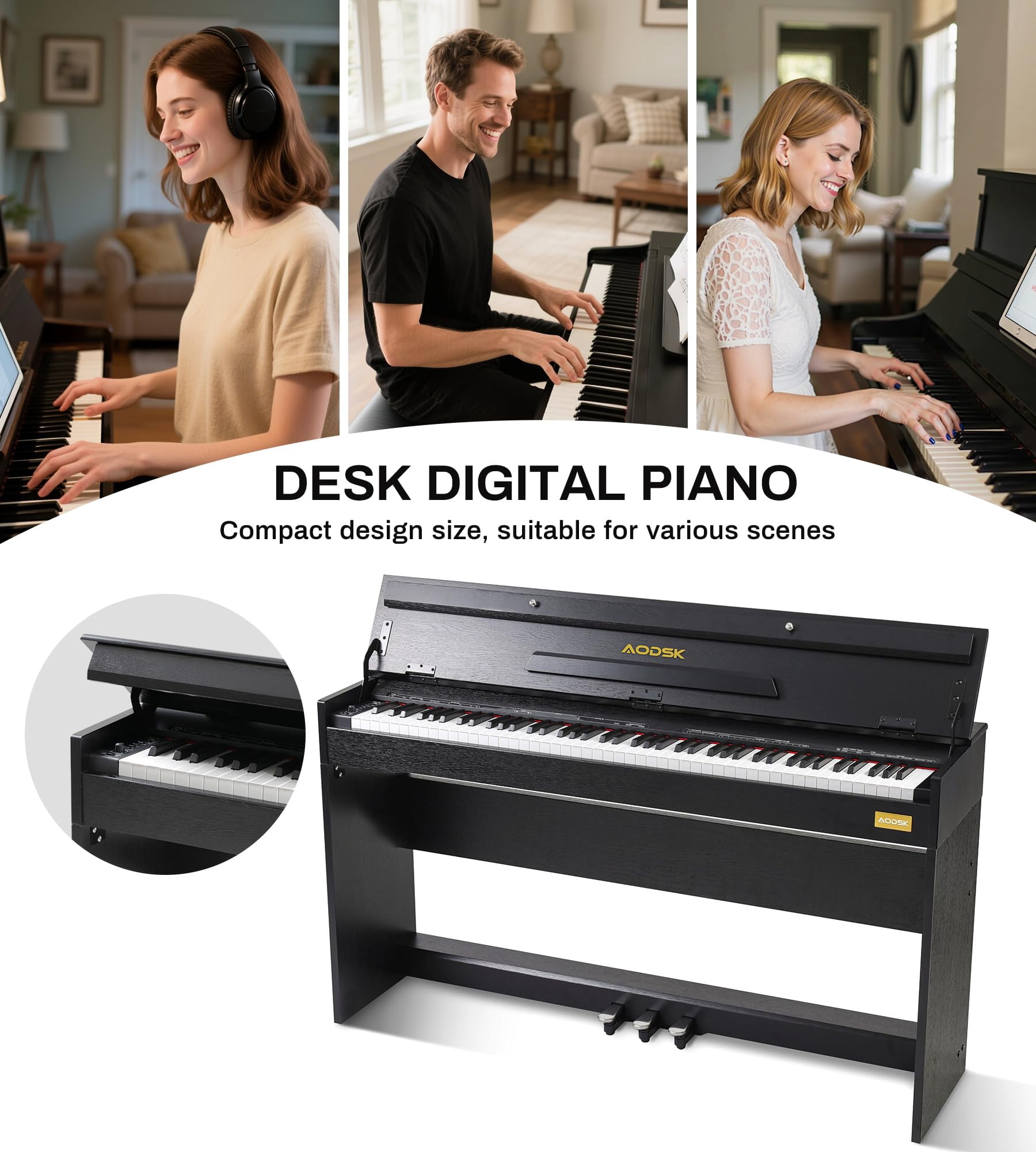AODSK B-85 88-Key Weighted Hammer Action Digital Piano – Full-Size with Furniture Stand, Triple Pedals, Built-in Speakers, Beginner Course – Home Digital Piano