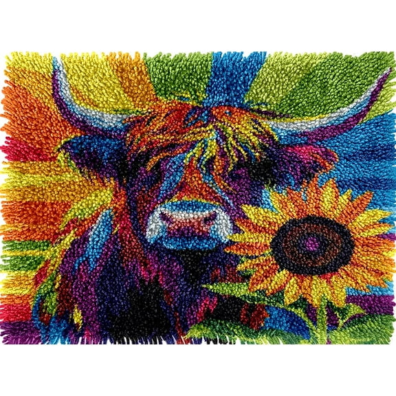 Highland Cow and Sunflower Latch Hook Rug kits Colorful Printed Crochet Yarn DIY Hooking Latch Kit Carpet Rug Cover Mat for Christmas Chair Cushion Floor Decoration 52x38cm(4)