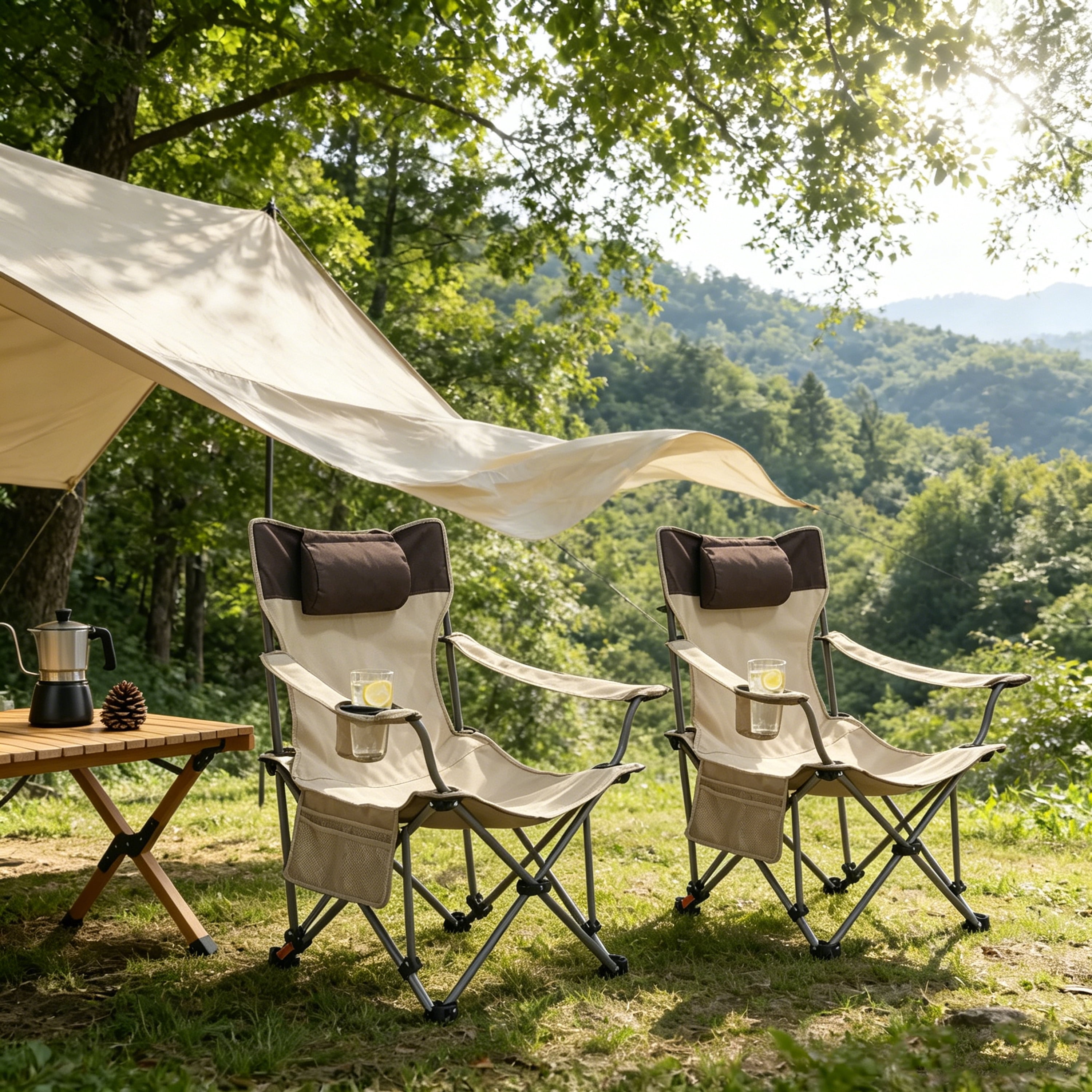 Set of 2 Folding Camping Chairs with Adjustable Recline and Cup Holder, Portable Outdoor Lounge Chairs and Beach Seats with Side Pockets, Beige