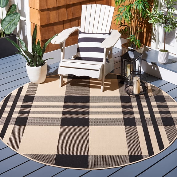 Safavieh Courtyard Benjamin Plaid Indoor/Outdoor Area Rug, Black/Bone, 6'7" x 6'7" Round