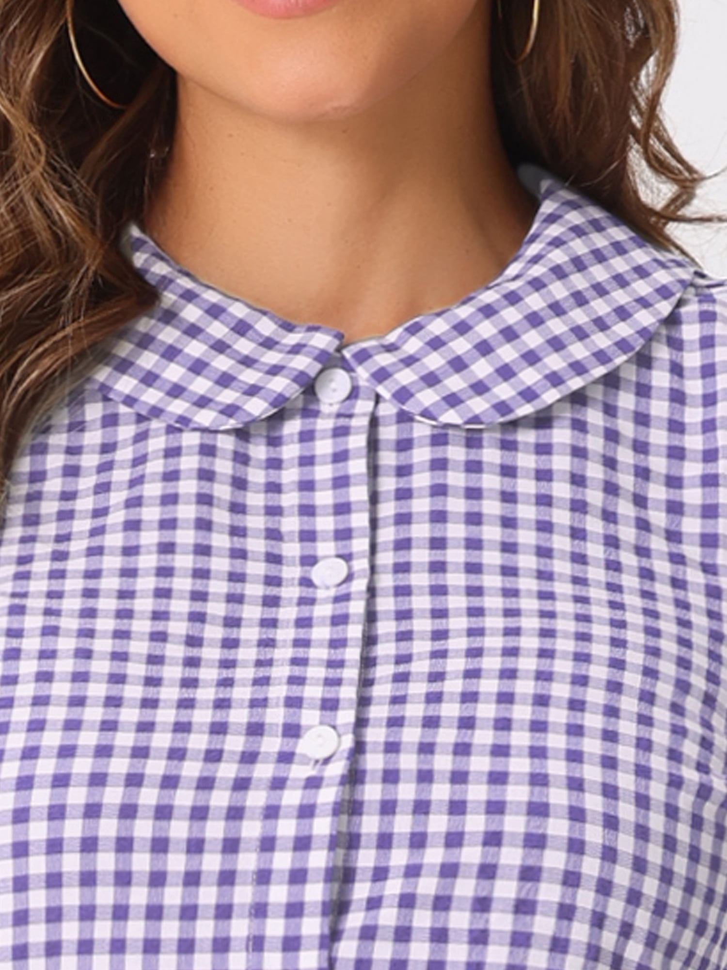 DARING DIVA Women's Plaid Button Down Puff Peter Pan Collar Shirt S Purple